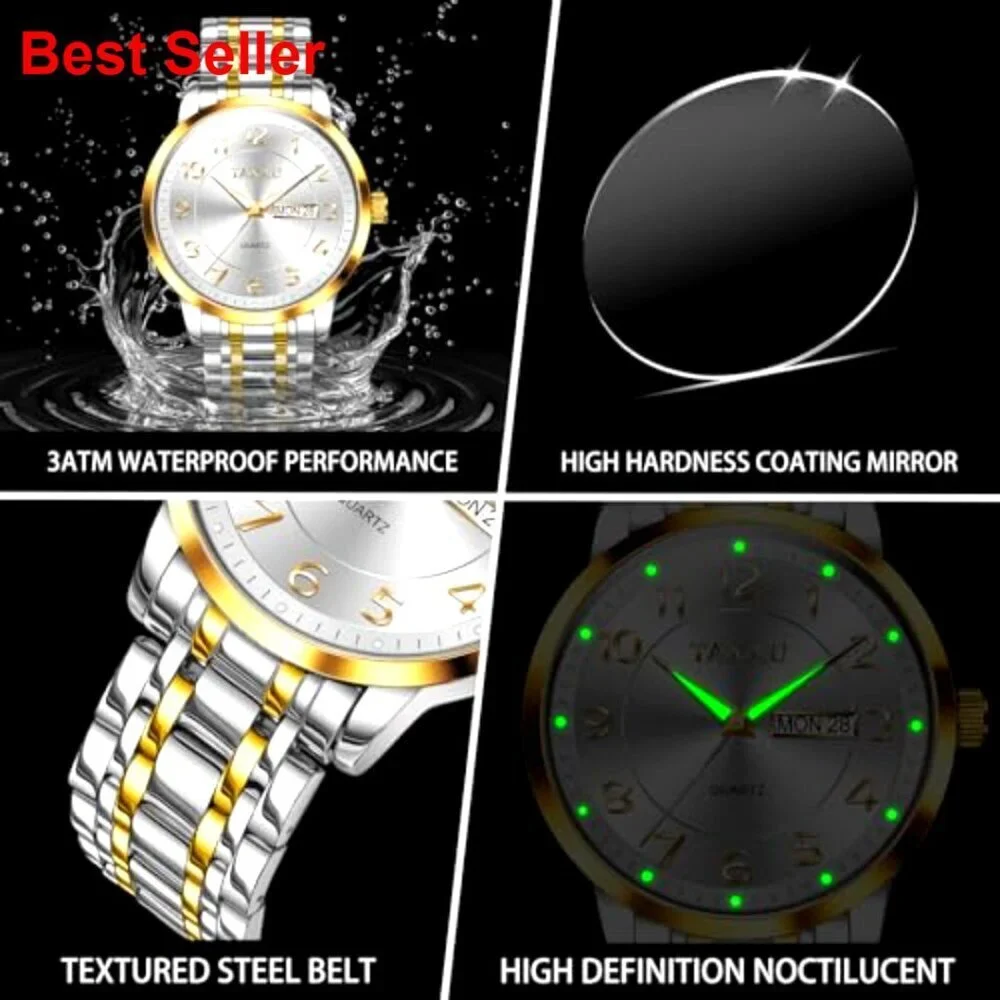 Stainless Steel Waterproof Analog Quartz Watch with Large Face